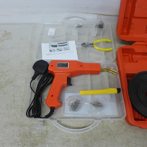 5013 - 3 cased tools - a Workzone inspection camera, a plastic welding gun and a spring compression kit