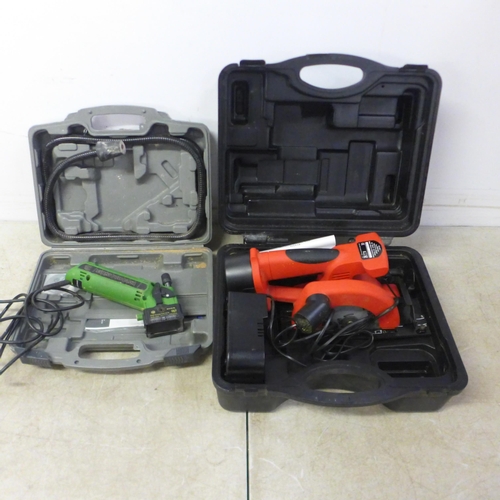 5016 - 2 power saws in case, a Champion CCCS18, 18V cordless saw with battery and charger and an Exakt EC31... 