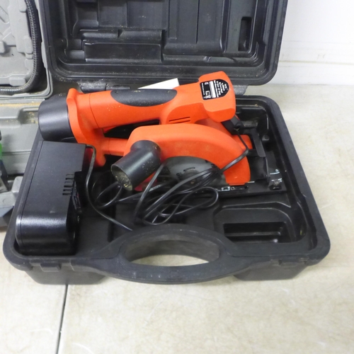 5016 - 2 power saws in case, a Champion CCCS18, 18V cordless saw with battery and charger and an Exakt EC31... 