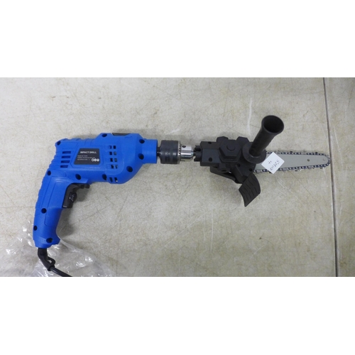 5019 - A 240V hand impact drill with a chainsaw attachment, both unused