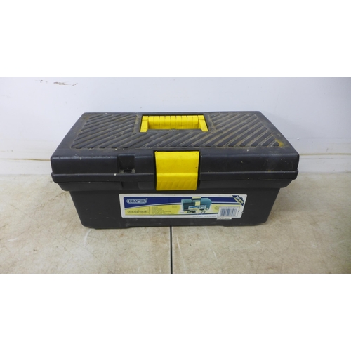 5048 - A tool box with drill bits, a first aid box and a manual mitre saw