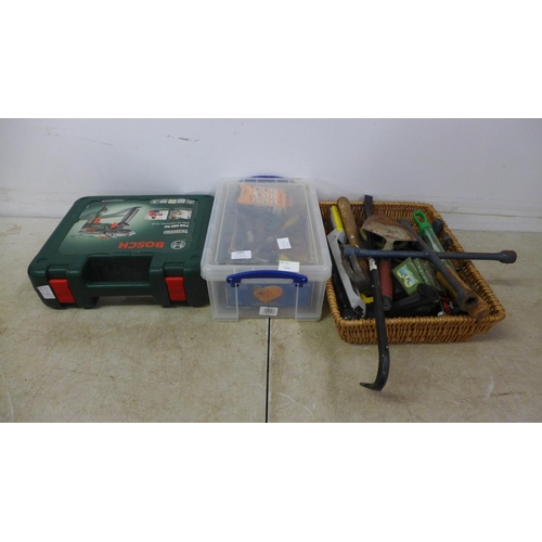 5065 - Two boxes of assorted hand tools including hammers, trowels, wood plane, screwdrivers etc. and a Bos... 