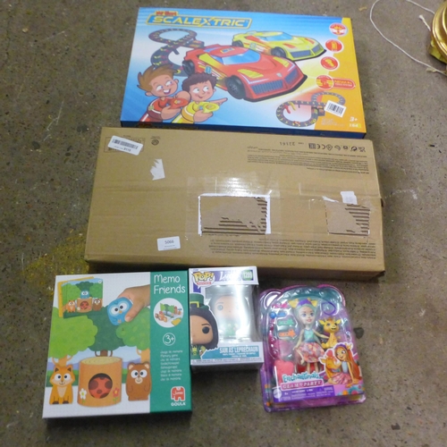 5066 - A box of various toys including Disney Princess figures, Funko Pop vinyl figure, enchanted glam part... 