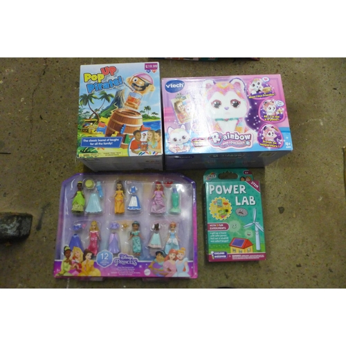 5066 - A box of various toys including Disney Princess figures, Funko Pop vinyl figure, enchanted glam part... 