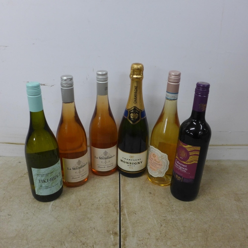 5076 - Six bottles of wine including red, rosé and champagne