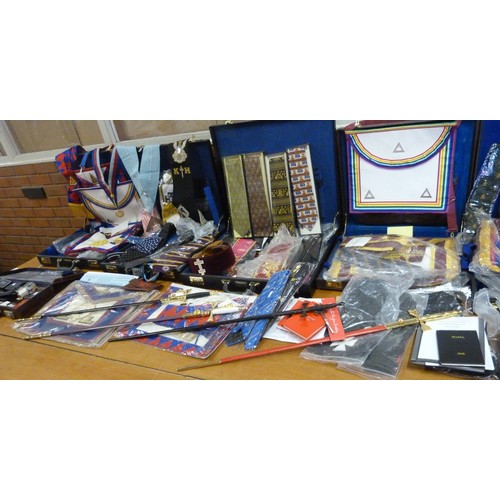 9045 - An extremely large collection of Masonic regalia, including swords, gauntlets, aprons, sashes, publi... 