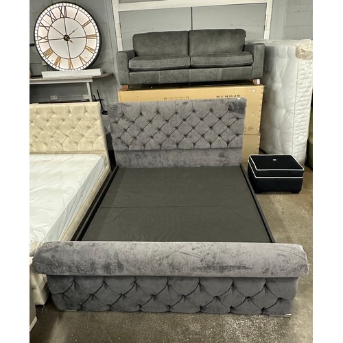 3054 - A graphite velvet and studded super king bed frame with mattress