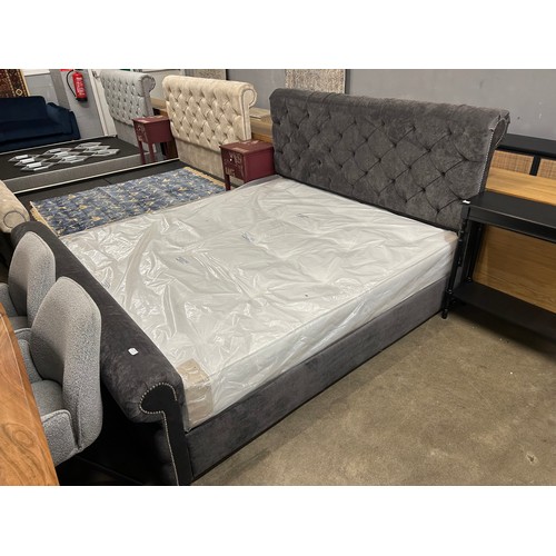 3054 - A graphite velvet and studded super king bed frame with mattress