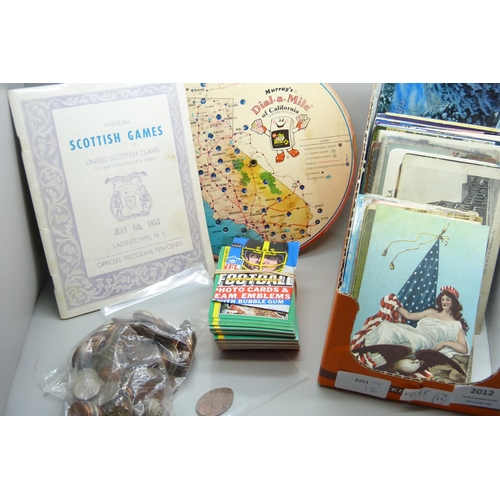 2012 - USA Ephemera including postcards, coins, football trade cards, programme for 1953 Scottish Games at ... 