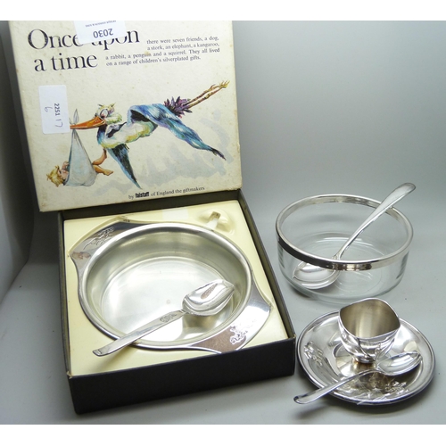 2030 - A 'Once Upon A Time' boxed silver plated bowl and spoon set and EP silver egg cup and spoon and EP s... 