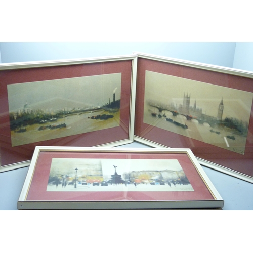 2047 - Four 1960s framed prints of London, signed (Tony) Klitz, including Houses of Parliament