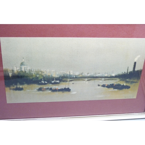 2047 - Four 1960s framed prints of London, signed (Tony) Klitz, including Houses of Parliament