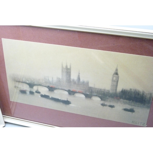 2047 - Four 1960s framed prints of London, signed (Tony) Klitz, including Houses of Parliament