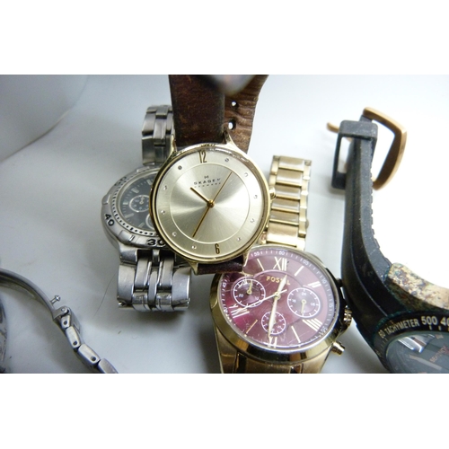 2058 - A collection of lady's and gentleman's wristwatches; Boss, Fossil, Citizen, Nautica, etc.