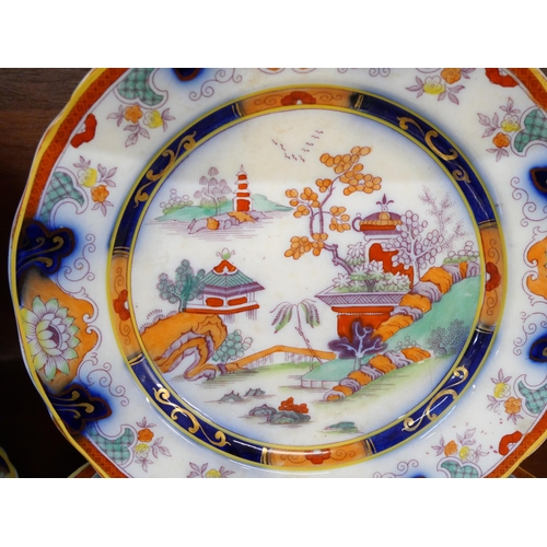 2082 - 19th century dinnerwares, Chinese pattern, two plates repaired, one chip to edge, majority stained a... 