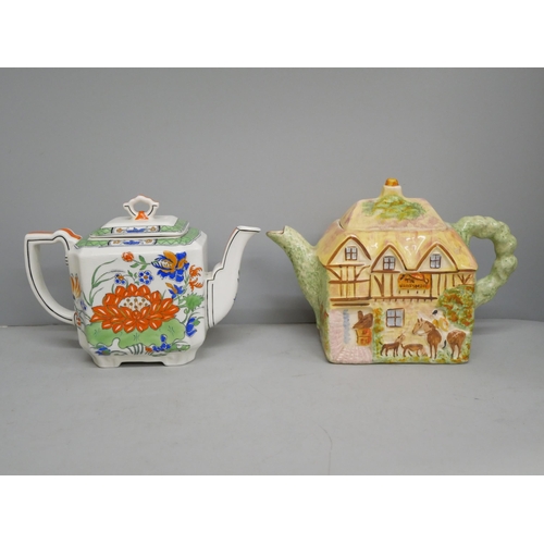 2094 - An English Staffordshire cottage teapot, a Mason's Ironstone teapot, English teapot and stand and a ... 