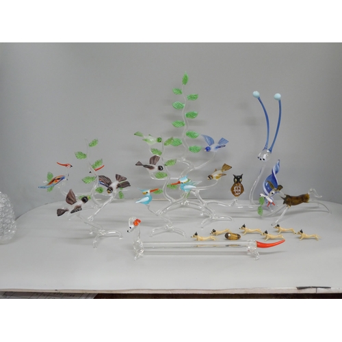 2103 - A collection of hand blown glass animal and birds on trees ornaments