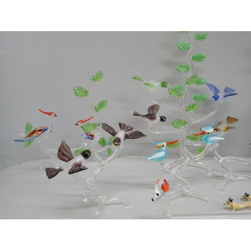 2103 - A collection of hand blown glass animal and birds on trees ornaments