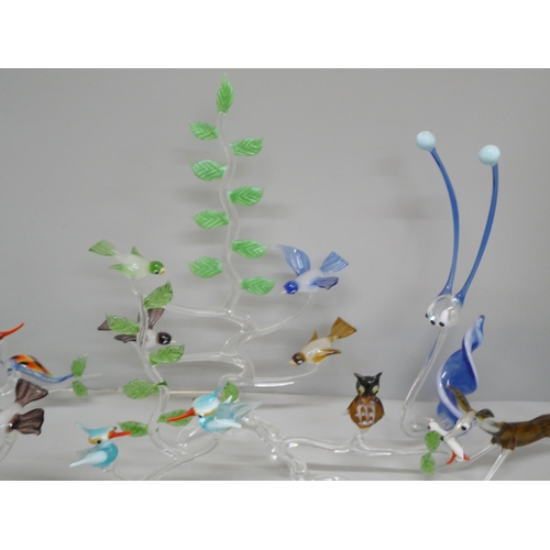 2103 - A collection of hand blown glass animal and birds on trees ornaments