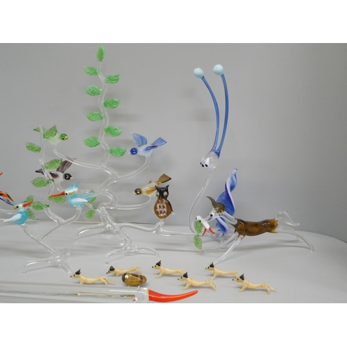 2103 - A collection of hand blown glass animal and birds on trees ornaments