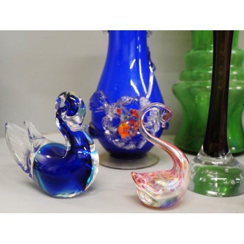 2106 - A collection of Murano and other studio glass, green glass vase, five glass birds, baskets, etc. **P... 