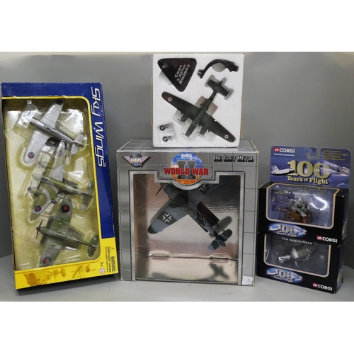 2107 - Die-cast model aircraft including Skywings 76328, Air Signature Messerschmitt BF-109, two Corgi Spac... 