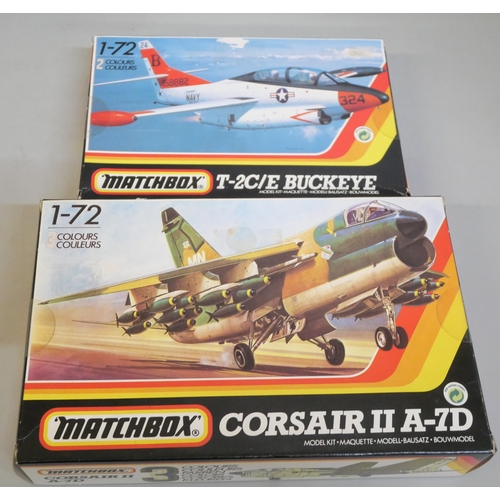 2133 - Seven military model kits, tanks and aircraft, including four vintage Matchbox, Dassault Mirage III ... 