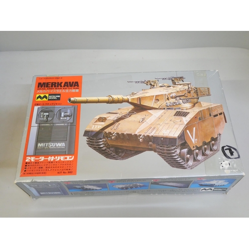 2133 - Seven military model kits, tanks and aircraft, including four vintage Matchbox, Dassault Mirage III ... 