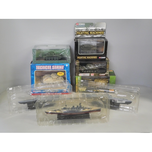 2149 - Five die-cast model tanks including Corgi M242 Bradley Fighting Vehicle and three model warships