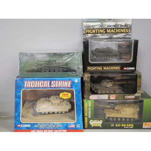 2149 - Five die-cast model tanks including Corgi M242 Bradley Fighting Vehicle and three model warships