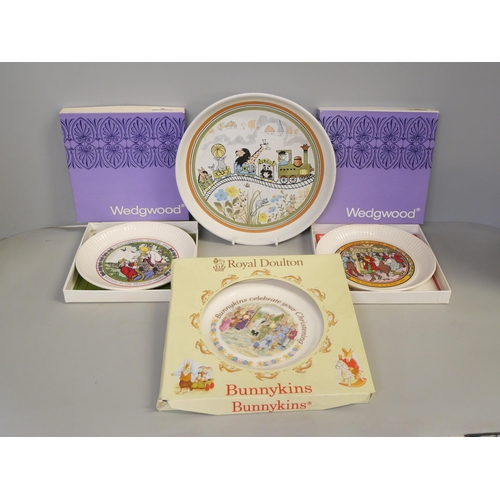 2163 - A Royal Doulton Bunnykins boxed christening plate with childs Denby 'Safari' plate and two Wedgwood ... 