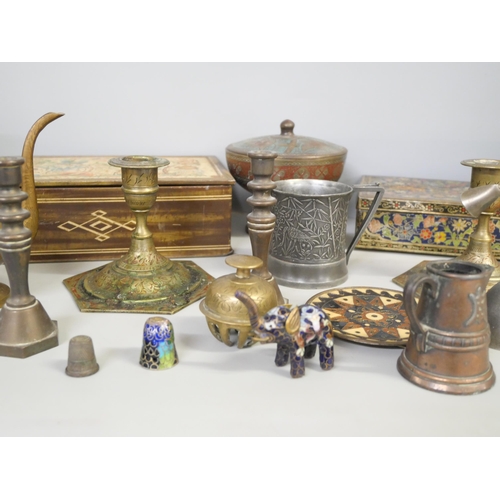 2164 - A box of metalwares, Indian brass, cloisonne, etc.