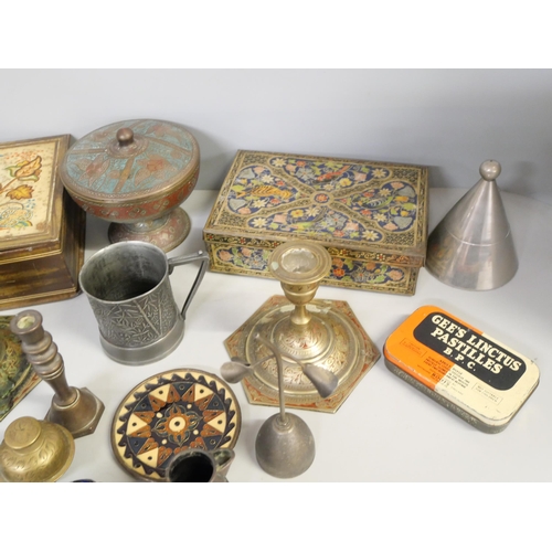 2164 - A box of metalwares, Indian brass, cloisonne, etc.