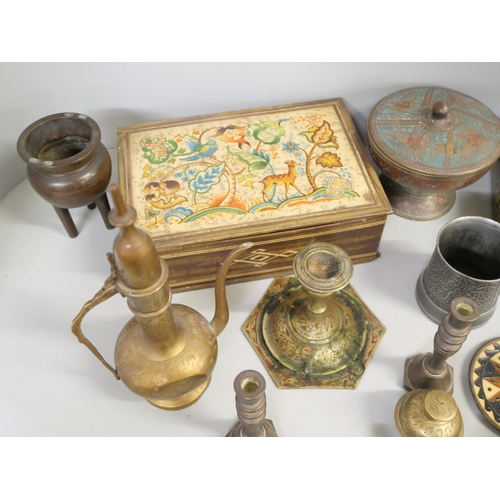 2164 - A box of metalwares, Indian brass, cloisonne, etc.