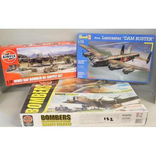 2175 - Three model kits, 1:72 scale Airfix Bombers, North American B-25 Mitchell and Shorts Stirling, seale... 