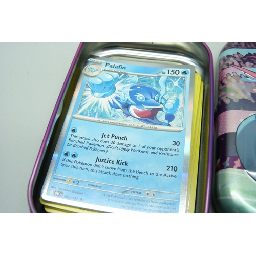 2186 - Over 600 Pokémon cards in collectors box and tin, contains a variety of holographic including rares