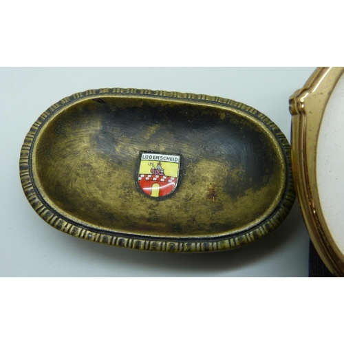 2194 - A set of two Stratton compacts and one other, a lady's pendant watch and brass tray