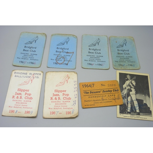 2227 - Seven 1960s dance club membership cards, two from Dancing Slipper, West Bridgford, four from Bridgfo... 