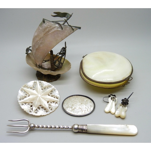 2232 - Six antique carved shell and mother of pearl items including purse, sailing ship and insect earrings