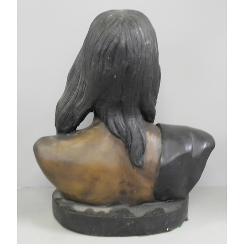 2253 - A polychrome bronze bust of a Native American on a black marble base, signed F Remington