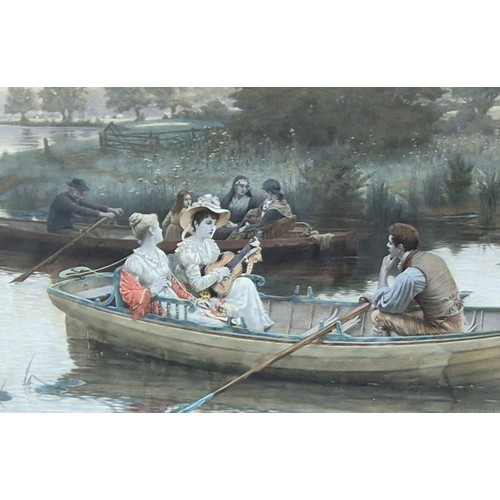 295 - E. Blair Leighton, late 19th Century Pre-Raphaelite hand coloured photograverre, boating scene, unfr... 