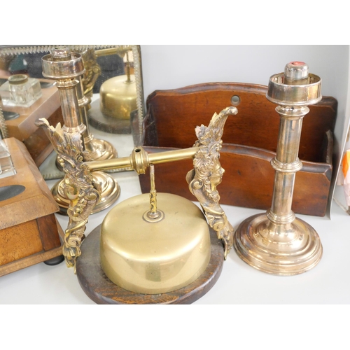 2277 - An Edwardian mirrored tray, a mahogany letter rack, desk stand, pair of candlesticks and a table gon... 