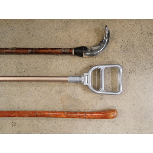 2284 - A horn handled walking cane, a shooting stick and one other