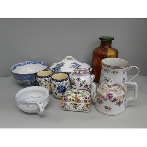 2295 - A small collection of mixed china, including rice bowl, a large mug hand painted in enamel with spra... 