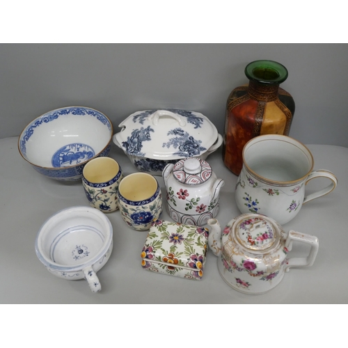 2295 - A small collection of mixed china, including rice bowl, a large mug hand painted in enamel with spra... 