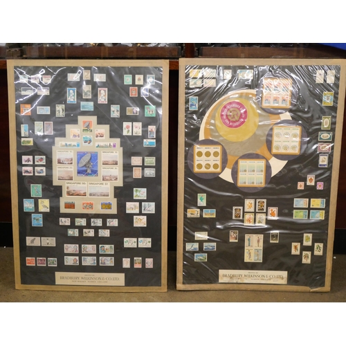 2296 - Two presentation boards containing stamps from Asia and Middle East including Qatar, Singapore, Kuwa... 