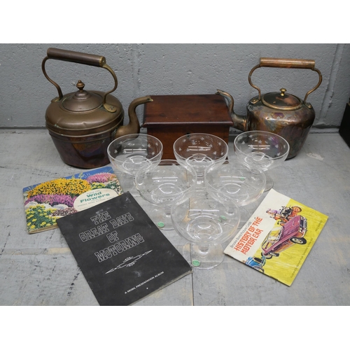 2299 - Two copper kettles, a set of Stuart crystal sundae dishes, three cigarette card books and a wooden b... 