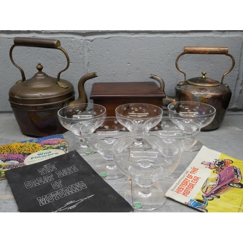 2299 - Two copper kettles, a set of Stuart crystal sundae dishes, three cigarette card books and a wooden b... 