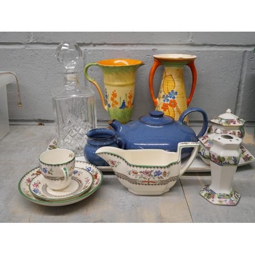 2302 - A collection of mixed china including two Art Deco pieces, vase a/f, Royal Albert Hamlyn cups, Wedgw... 