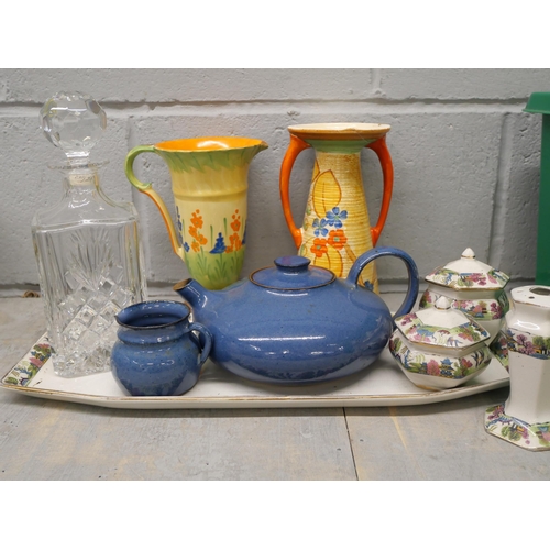 2302 - A collection of mixed china including two Art Deco pieces, vase a/f, Royal Albert Hamlyn cups, Wedgw... 